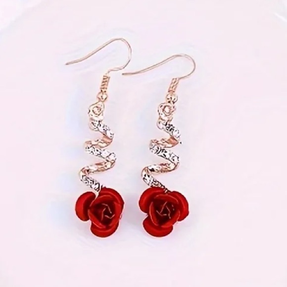 Rose Gold Toned Diamond and Rose Dangle Earrings - Picture 2 of 2